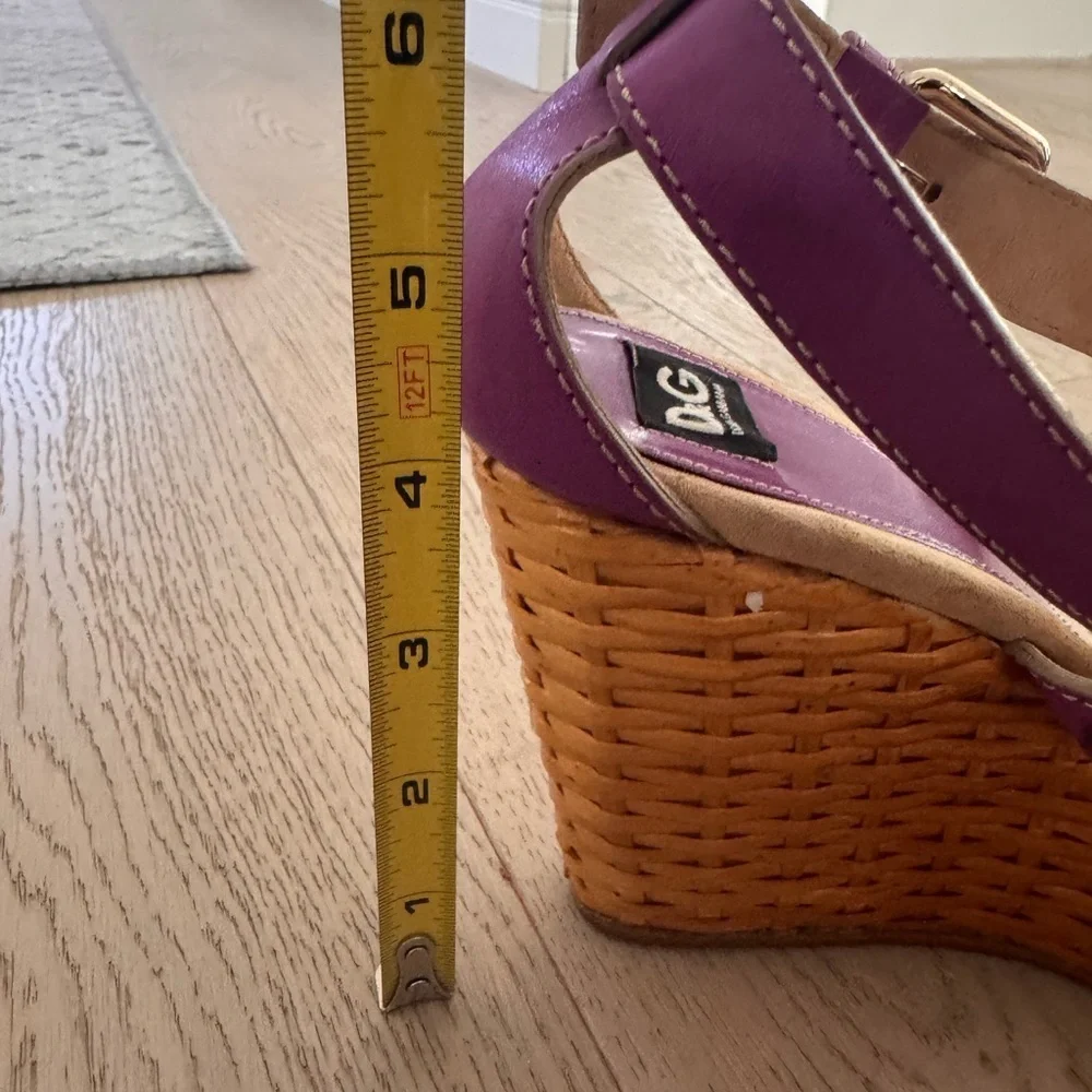 Dolce & Gabbana Purple Leather Ankle Strap Raffia Wedge Sandals Size 37